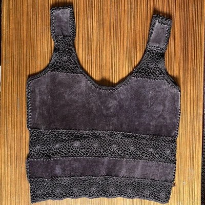 Vintage Y2K Gantos Leather/Suede Knit Crochet Lace Sleevleless Tank Top Brown M - Photo 1/3