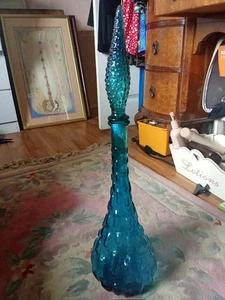 Empoli Italian Vintage MCM Blue Hobnail Glass Decanter Genie Bottle 22" - Picture 1 of 24