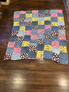 Patchwork Quilt Blue Jean Pocket Hand Made Boho Cute Owl Fabric 56 X 51 Inches - Picture 1 of 8