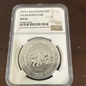 2015 Canada $8 .9999 1.5 Oz Polar Bear & Cub Silver Bullion Coin NGC MS66 - Picture 1 of 3