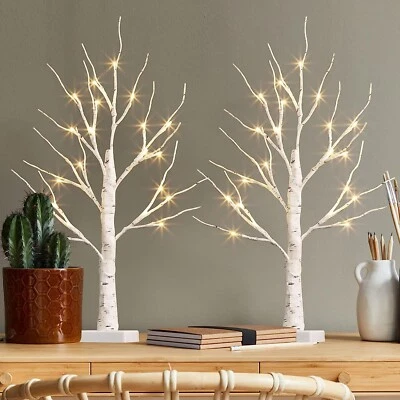 Set of 2-Vanthylit White Tree with Lights 2FT Tabletop Birch Tree Battery/Usb uk