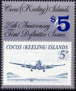 1990 Cocos (Keeling) Islands $5 Overprint On 65c Aircraft Stamp MNH, Clean - Bild 1 von 1