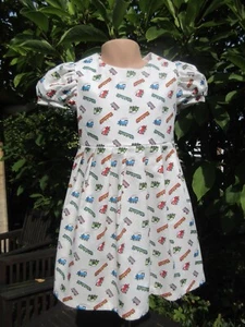 Short-Sleeved Dress, Ivory, Trains and Buses, 3-4 years, New, Handmade - Picture 1 of 5