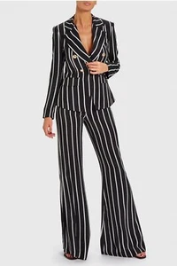 Forever Unique Women s Cara Striped Blazer with Military Buttons - Black/White - Picture 1 of 4