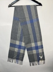 Sciarpa Belle France %100 cashmere a quadri nuova con etichette frangia blu grigio 64x10 A38 - Foto 1 di 5