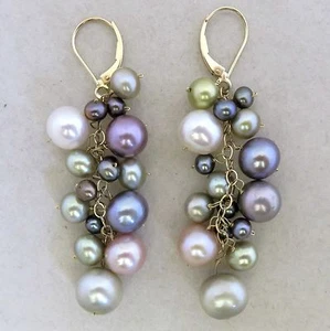 Pendientes colgantes de oro amarillo de 14K con perlas multicolores de 9,7 mm (14,7 gramos, 2,5") - Imagen 1 de 12