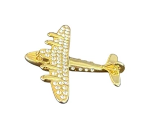 Vintage goldfarbene Metall Flugzeug Brosche Anstecknadel mit Strass - Bild 1 von 4