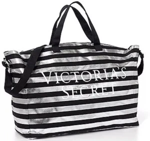 VICTORIA SECRET 2015 Christmas Black & Silver Striped Duffel Handbag Tote - Picture 1 of 6