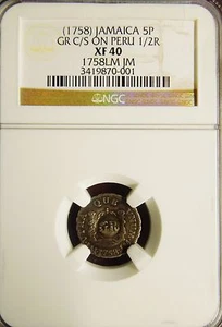 Jamaica (1758) 5 Pence "GR" countermark on a 1758 Peruvian 1/2 Real NGC XF40  - Picture 1 of 4