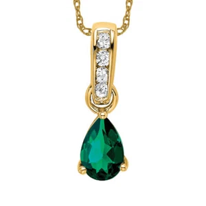 14K Solid Yellow Gold Pear Lab Emerald Diamond Necklace - Picture 1 of 5