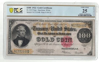 EE. UU. - Serie de 1922 $100,00 Certificado de Oro (PCGS VF 25 Detalles) Foto 1 de 2