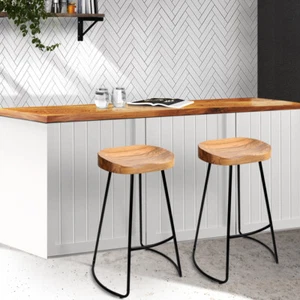 Kitchen Bar Stools Wooden Seat Vintage Style Chairs With Heavy Metallic Finish - Picture 1 of 9