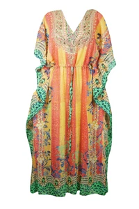 Women Maxi Kaftan Colorful Printed Sheer Beach Bikini Cover Up Holiday Dress 4X