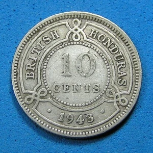 British Honduras 10 Cents .925 Silver Coin 1943, KM-23, Free S/H after 1st item - Picture 1 of 2