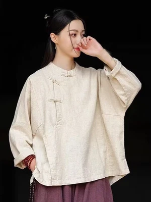 Blusa Prendas para el torso Camisas Sueltas Estilo Chino Para Mujer Algodón Lino Retro Manga Larga Foto 1 de 4
