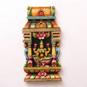 Lakshmi Devi Statue Wooden Gopuram Sculpture Vintage Temple Decor Dhanalakshmi - Picture 1 of 4