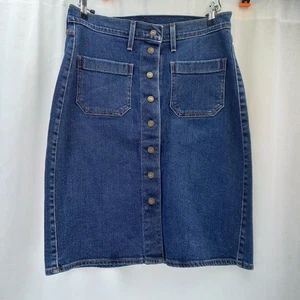 Levis Blue Denim Skirt Stretchy Knee Length Button Up Size 12 14 Ex Con - Picture 1 of 13
