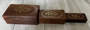 Wooden Jewellery Box Set Of Three Carved Walnut With Brass Inlay NEW - Picture 1 of 24