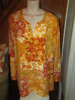 Ladies Denim & Co. 2X Top Printed Heavenly Jersey  Henley Tunic Gold Orange Foto 1 de 4
