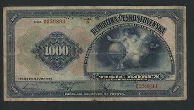 CZECHOSLOVAKIA  SPECIMEN  1000   KORUN  1932  PICK # 25s  FINE. - Image 1 of 2