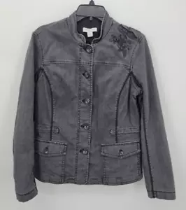 Coldwater Creek Jacket Womens 10 Faded Black Denim Embroidered Beaded Artsy - Picture 1 of 9