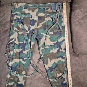 Cote De Nuits Jeans15/16 Edgy Grunge Camo Cargo Straps Multi Zip Pockets - Picture 1 of 17