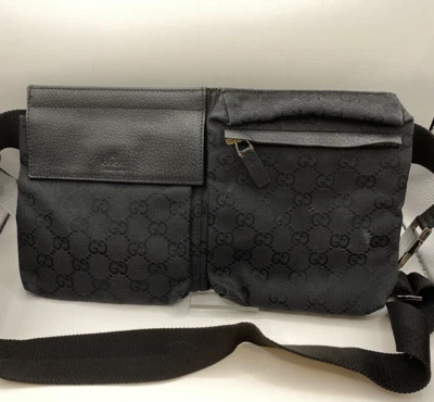 GUCCI GG Canvas Belt Waist Bag Pouch Black Leather Trim Unisex Italy - Image 1 of 4