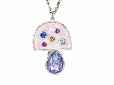 Betsey Johnson Enchanted Mushroom Crystal Necklace Whimsical Gold Tone 16 In - Image 1 of 4