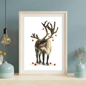 Santa's Reindeer Art Print Christmas Reindeer Seasonal Wall Decor. No Frame - Picture 1 of 7