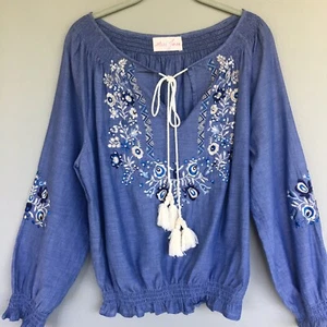Top donna ricamato Miss June Paris OS M/L blu cotone manica a sbuffo boho chic - Foto 1 di 13