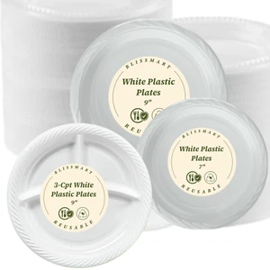 Disposable Plastic Plates White 7" 9" 3 Compartment Heavy Duty Plates Reusable - Picture 1 of 26