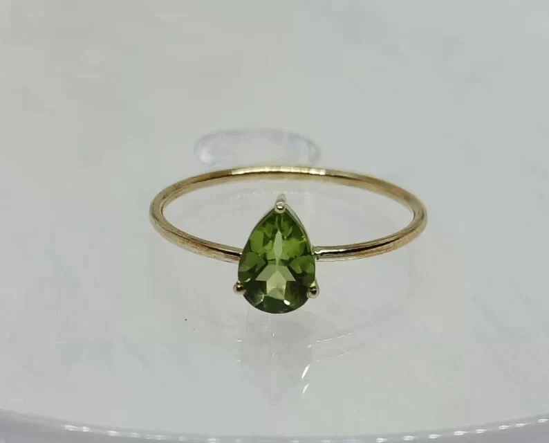 14k Yellow Gold Pear Cut Peridot Gemstone Ring Wedding Engagement Women Ring - Image 1 of 4