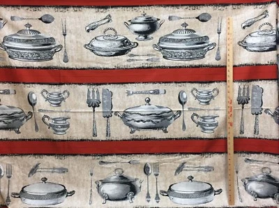 Bon Appetit Fabric Silverplate Dishes Red Tan Screen Print  8+ Yards Sewing  - Image 1 of 4