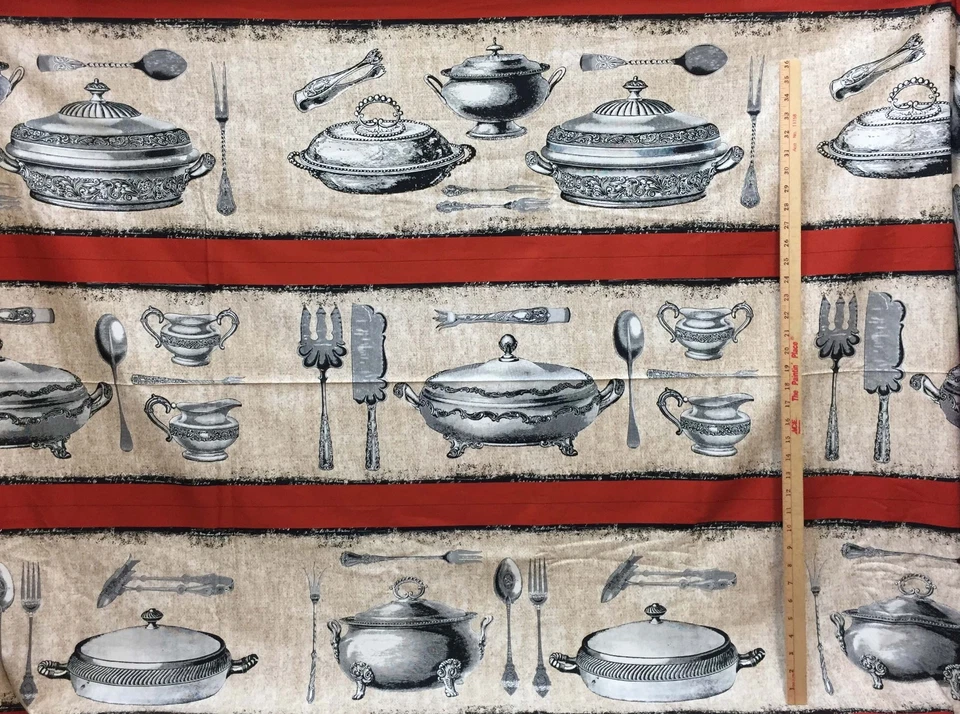 Bon Appetit Fabric Silverplate Dishes Red Tan Screen Print  8+ Yards Sewing  - Image 1 of 4