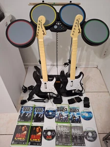 Xbox 360 Rock Band 1, 2, Mic, Drum Set, 2 Guitars, Bundle Set, TESTED - Picture 1 of 13