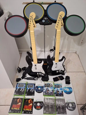 Xbox 360 Rock Band 1, 2, микрофон, барабанная установка, 2 гитары, комплект, ПРОТЕСТИРОВАН - Изображение 1 из 4