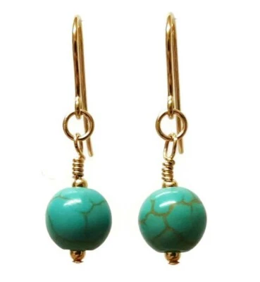 Turquoise Earrings Gold 9ct, Blue Green Drop Earrings, Womens Handmade Jewellery - Image 1 of 4