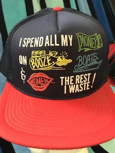 NOS Vtg MONEY BOOZE BOATS WOMAN REST I WASTE Novelty Trucker Mesh Snapback Hat - Picture 1 of 5