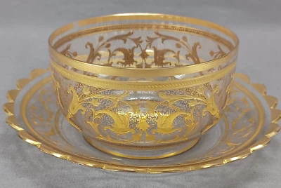 Bohemian Moser Type Engraved & Gold Art Nouveau Floral Scrollwork Finger Bowl - Image 1 of 4