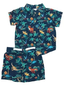 Infant Boys Blue Dinosaur Button Front Shirt & Shorts 2pc Baby Outfit - Picture 1 of 1