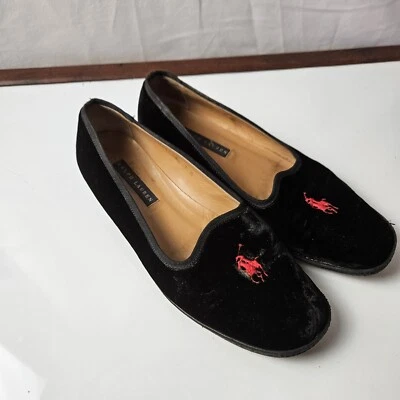 Ralph Laren Size 7 Black Velvet Polo Logo Flats - Image 1 of 4
