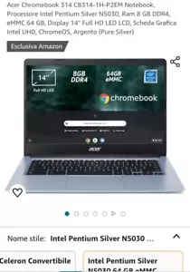 Acer Chromebook 314 14" FHD 8GB Ddr4 RAM 64GB SSD WINDOWS 10 Wifi 5 - Foto 1 di 3