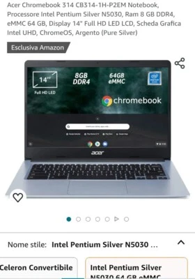 Acer Chromebook 314 14" FHD 8GB Ddr4 RAM 64GB SSD WINDOWS 10 Wifi 5 - Immagine 1 di 3