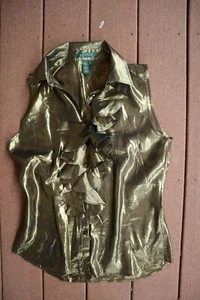 NWOT Dressy Metallic Gold LAUREN RALPH LAUREN Sleeveless Button Ruffled Top 6 - Picture 1 of 4