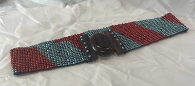 Cinturón elástico de colección para mujer con cuentas turquesa/naranja broche de madera boho grueso Foto 1 de 3