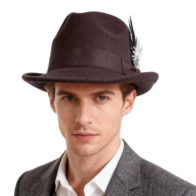 Classic Fedora Hats for Men Women Short Brim Felt Feather Hat Vintage Dress Hat - Image 1 of 4