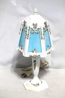 Lâmpada antiga de ferro fundido e vidro azul escória - Imagem 1 de 4