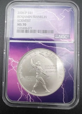 2006 P Ben Franklin Scientist Commemorative Silver Dollar NGC MS70 Lightning - Image 1 of 4