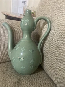 KOREANISCHER SELADON handbemalter KRANICH Crackle DOPPELKÜRBIS Krug Vase - Bild 1 von 6