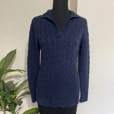 LL Bean Cable Knit Sweater Women M Navy Cotton Cabin Core Cozy Split Neck 511497 - Изображение 1 из 4